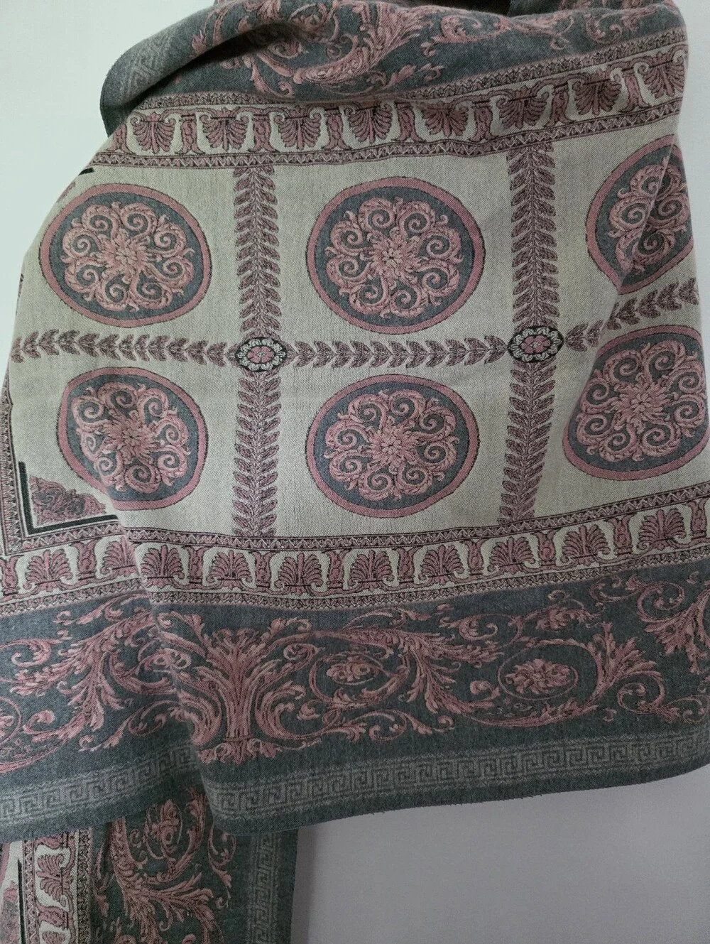 Large scarf wrap shawlpaisley scarf multi-color design with pink and grey